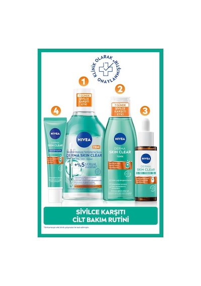 Derma Skin Clear Sivilce Karşıtı Serum 30ml, Makyaj Temizleme Suyu 400ml, Tonik 200ml Ve Gece Kremi