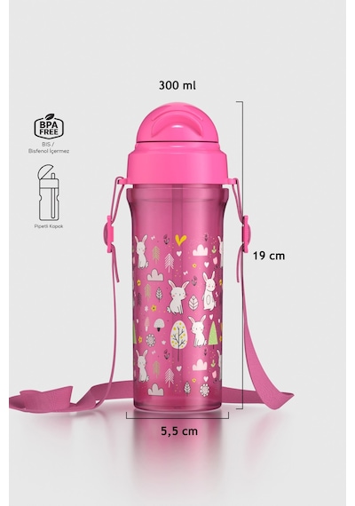 Renga Migo Tavşan Desenli 300 Ml Askılı Pipetli Pp Bebek Suluk 912013 Pembe Pembe