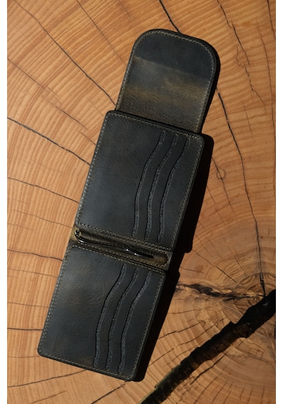 Lenax Leather Mono Klips Hakiki Deri Erkek Cüzdan Nakit Para Klipsli, Mıknatıslı Kapak, Bozuk Para Cepli Haki