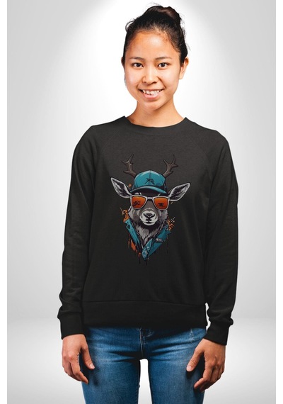 Güneş Gözlüğü Savaşcı Geyik Unisex Siyah Baskılı Sweatshirt Siyah