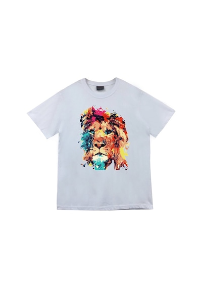 Aslan Baskılı Unisex %100 Pamuk Beyaz T-shirt Beyaz