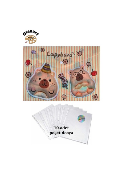 A4 Boy Çıt Çıt Ödev Dosyası +10' Lu Poşet Dosya Capybara Sweet Bej