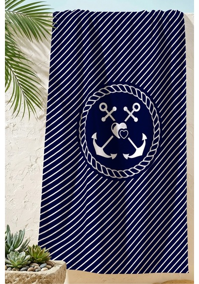 Çapa Marine Çizgili Plaj Havlusu - Lacivert Beyaz Nautical Modern Hızlı Kuruyan Mikrofiber Havlu Kumlu Yasemin