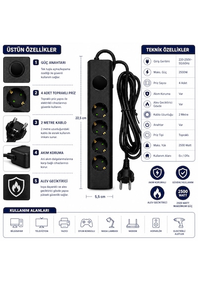 Sh-4632 4 Lü Akım Korumalı Priz 2500w 2 Metre Kablolu Anahtarlı Topraklı Çoklu Grup Priz Uzatma Kablosu 2 M