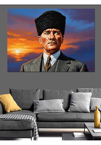 Kalpak Başlıklı Atatürk Portresi Ve Gün Batımı Dekoratif Kanvas - Mdf Ahşap Tablo