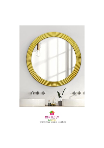 Safir Gold Dekoratif Ayna Yuvarlak Işlemeli Duvar Aynası 69 Cm Altın