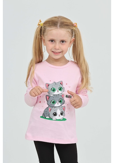 Toontoy Kız Çocuk Üçlü Kedi Baskılı Sweatshirt Pembe
