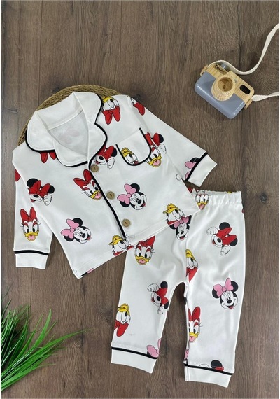 Kruvaze Yaka Organik Kumaş Pijama Takımı 4bb2 Beyaz
