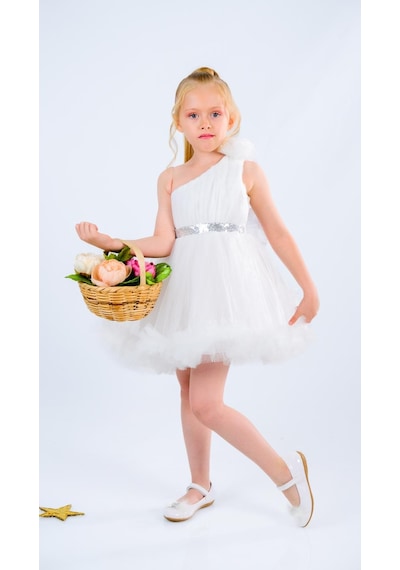 Mnk Baby & Kids Tek Omuz Kız Çocuk Abiye Mnk0599 Beyaz