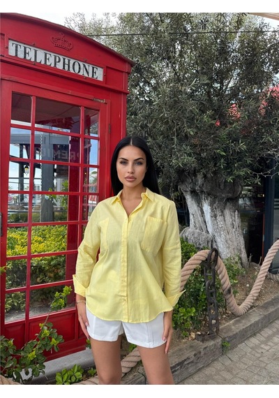 WeShaya Sarı Oversize Cepli Pamuklu Polyester Gömlek Sarı