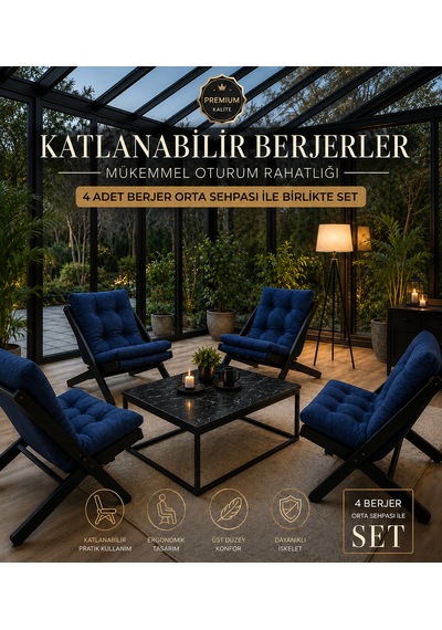 4lü Sehpalı Dinlenme Koltuğu Berjer Balkon Koltuğu Bahçe Kotuğu Tv Sandalyesi Koyu Mavi