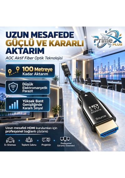 Primex Px-fbrhd20 Hdmı 2.1 Aktif Fiber Optik Kablo 20 Metre, 8k 60hz 4k 120hz 1080p 240hz, 48gbps Earc Dynamic Hdr Vrr Allm Destekli, Source-dısplay Yönlü Aoc Hdmı Kablosu 38548322