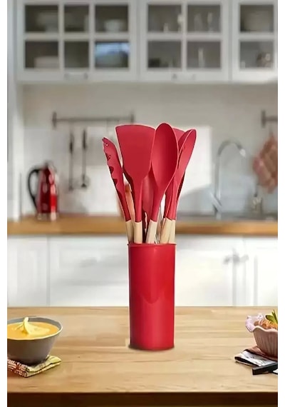 18'lı Parça Silikon Kaşık Fırça Çırpıcı Kepçe Kevgir Spatula Maşa Servis Seti Bambu Saplı Mutfak Ta Kırmızı