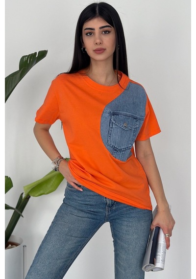 Femelle Kadın Turuncu Denim Kot Detaylı Cepli Tasarım Pamuklu Tişört