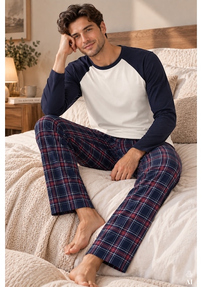 Erkek Pamuklu Uzun Kollu Cepli Pijama Takımı Ke30110 Lacivert - Beyaz