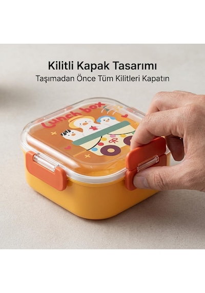 600 Ml Yemek Kabı, 4 Bölmeli Kilitli Lunch Box, Kaşık Dahil Renkli Desenli Saklama Ve Taşıma Kabı, 14x14x8 Cm Çok Renkli