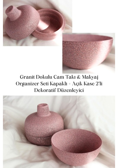 Granit Dokulu Cam Takı Makyaj Organizer Seti Kapaklı 2 Li Gri