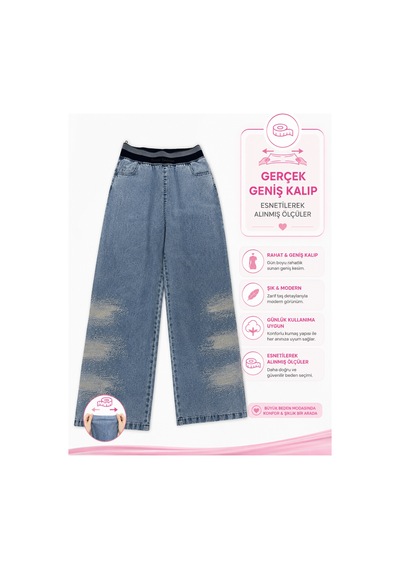Büyük Beden Bol Kesim Paçası Desenli Taş Detayli Denim Kadın Pantolon Mavi