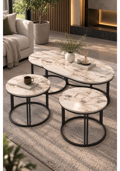 Sulorahome Efes Beyaz 3'lü Sehpa Seti Oval Mermer Desenli Metal Ayaklı Beyaz Mermer Sulorahome Efes Beyaz 3'lü Sehpa Seti Oval Mermer Desenli Metal Ayaklı Beyaz Mermer
