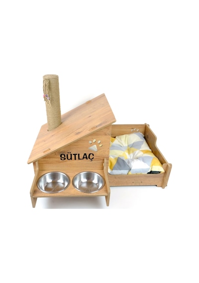 Ahşap Kedi Evi - Mama Kabı - Özel Isim Baskılı - Tırmalama Çubuklu -meşe Mdf - Çelik Kase - 2 400ml