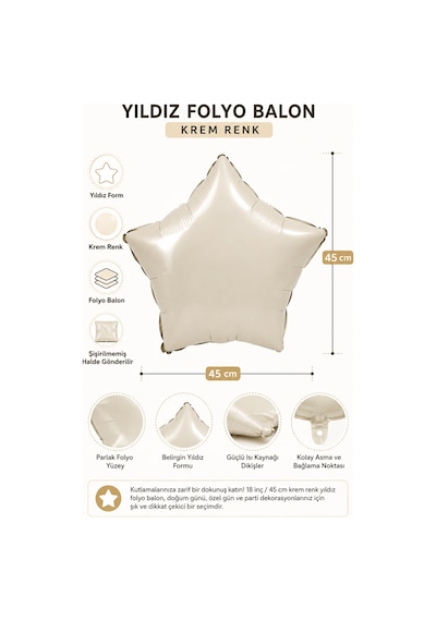 Folyo Balon Yıldız Krem 18 İnç 45 Cm Doğum Günü Parti Kutlama Organizasyon Dekorasyon Balonu Çok Renkli