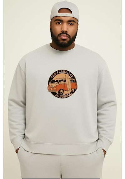 Benroma 3 İplik Penye Wos Wos Baskılı Büyük Beden Unisex Sweatshırt Gri