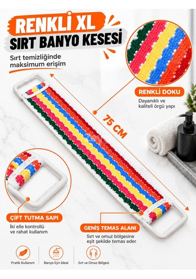 Renkli Xl Sırt Banyo Kesesi 75 Cm Çift Tutma Saplı Uzun Sırt Kesesi