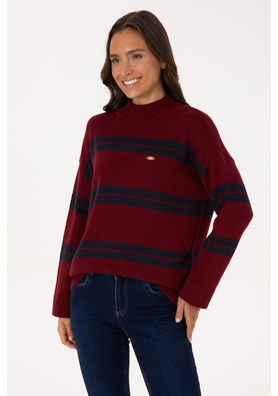 U.S. Polo Assn. Kadın Bordo Balıkçı Yaka Çizgili Kazak 50314666-VR014