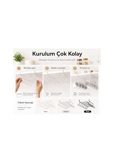 10 Kancalı Siyah Fincanlık, Rafa Geçmeli Kupa Askısı, Dolap Altı Fincan Düzenleyici, Montajsız Metal Mutfak Organizer Beyaz - Çok Renkli