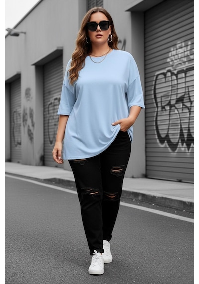 Mily Kadın Büyük Beden Battal Basic Bisiklet Yaka Pamuklu T-shirt Rahat Kesim Unisex Sevgili Kombini Turkuaz