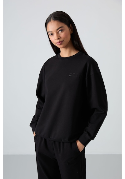 Tommy Life Siyah Basic Pamuklu O Yaka Oversize Lastik Paça Kadın Eşofman Takım - 95287 Siyah