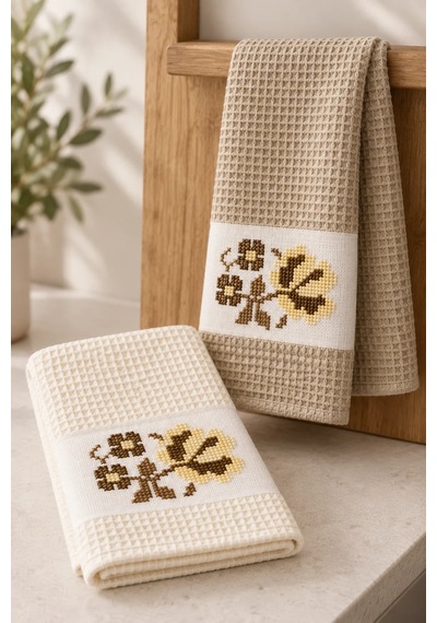 Kanaviçe Çiçek İşlemeli Kutulu Mutfak Havlusu Seti 2 Li 45x70 Cm %70 Pamuk Bej-krem