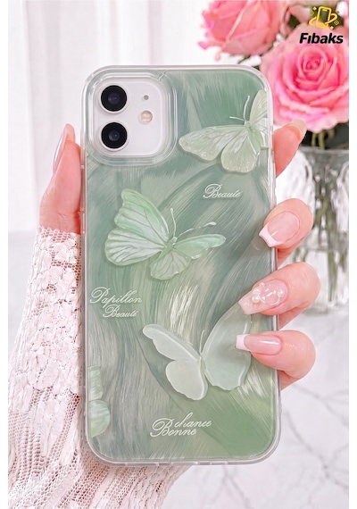 Fibaks iPhone 11 Uyumlu Kılıf Parlak Hologramlı Yeşil Kelebek Desenli Darbe Emici Kamera Korumalı Silikon