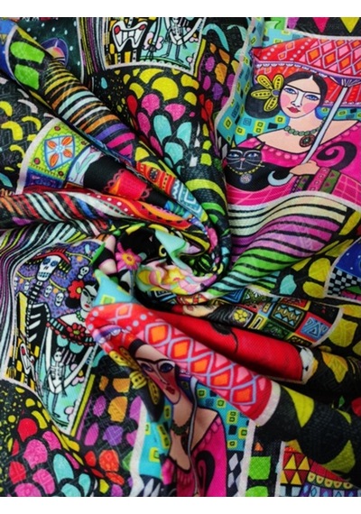 Renkli Geometrik Zeminli Frida Kahlo Desenli Kumaş