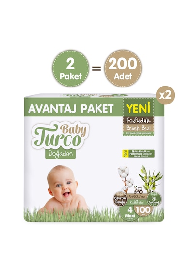Baby Turco Doğadan Süper Avantaj Paketi Pofuduk Bebek Bezi 4 Numara Maxi 200 Adet