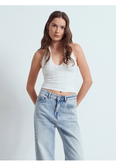 Dilvin 32690 Halter Yaka Dantel Detaylı Top-ekru