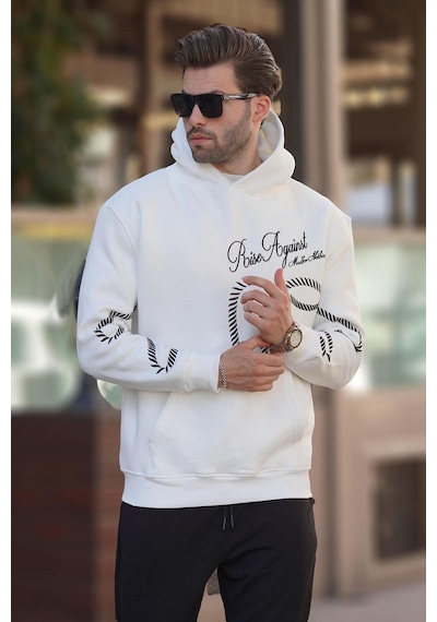 Madmext Ekru Baskılı Kapşonlu Cep Detaylı Erkek Sweatshirt 7067 Ekru