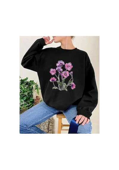Herkesemoda Mor Çiçek Demeti Baskı Detaylı Bisiklet Yaka İçi Polarlı Sweatshirt Siyah