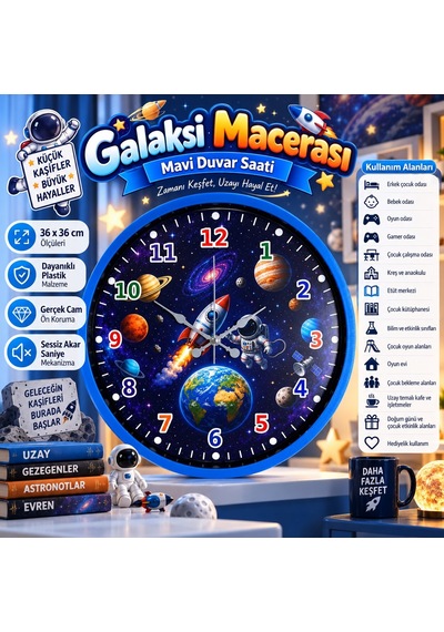 Galaksi Macerası 36 X 36 Cm Mavi Çocuk Duvar Saati