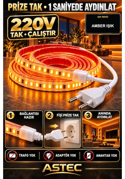 Astec Tak Çalıştır 5 Metre Yapışkanlı Amber Şerit Led Yılbaşı Ağacı Süsü Ve Dekoratif Ev Aydınlatması Fişe 220v