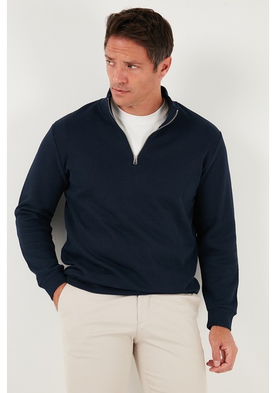 Buratti Pamuklu Relaxed Fit Yarım Fermuarlı Sıfır Yaka Örme Erkek Sweat 5901076 Lacivert