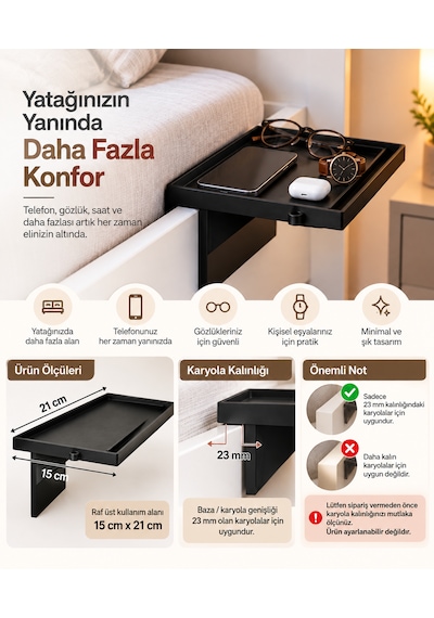 Yatak Yanı Pratik Raf Siyah