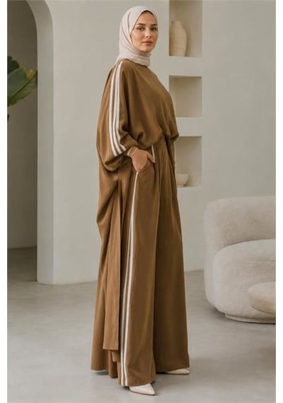 Neşeli Butik Kadın Camel Şerit Detaylı Oversize Tunik Pantolon İkili Tesettür Takım Nms102
