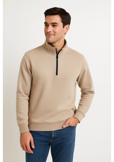 Barlashive Erkek Dik Yaka Sweatshirt Dik Yaka Yarım Fermuarlı 3 İplik Pamuk Kumaş - Bej Çok Renkli