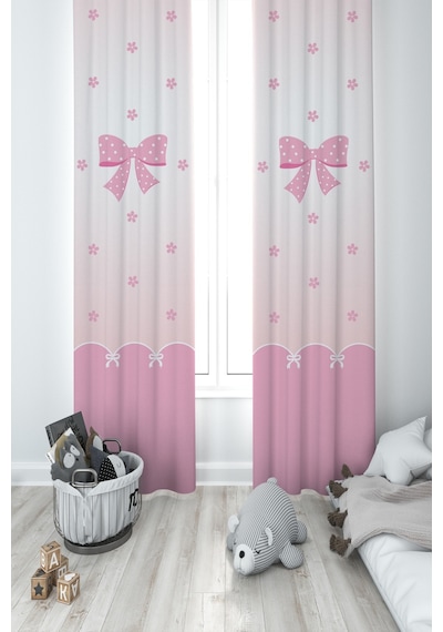 Mekta Home Bebek Ve Çocuk Odası Pembe Kurdele Ve Yıldız Desenli 2 Kanat Fon Perde