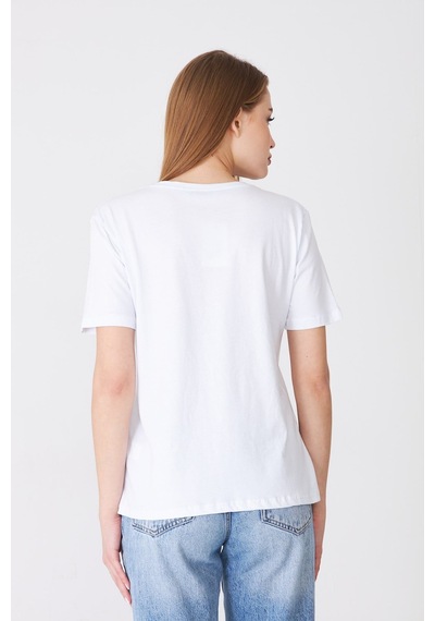 Sortie Collection Eteği Tül Detaylı Silüet Baskılı Basic Tshirt Beyaz
