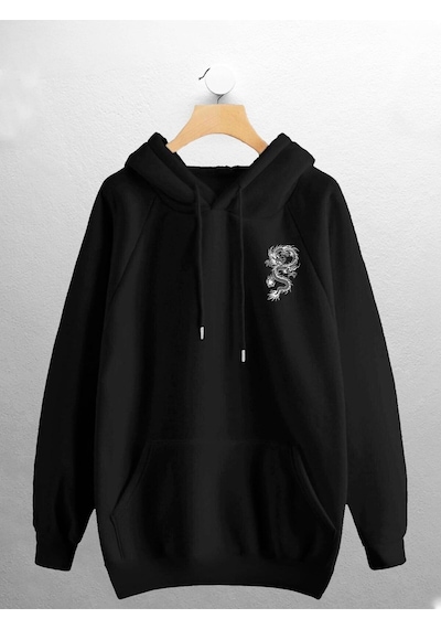 Macklin Unisex Kadın Erkek Ejderha Baskılı Sweatshirt Siyah Mck0798 Siyah