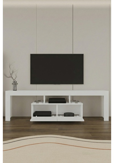 Loki 2 Kapaklı Raflı Tv Ünitesi 180 Cm Beyaz Beyaz