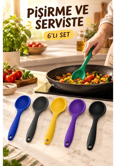 6'lı Set Yeşil Mavi Antrasit Sarı Mor Siyah, Büyük Boy Silikon Kaşık Seti 27 Cm Mutfak Servis Kaşığı