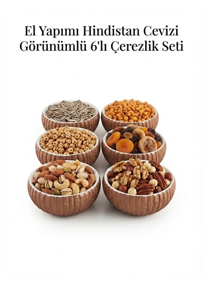 El Yapımı Hindistan Cevizi Görünümlü 6'lı Çerezlik Seti - Dekoratif Sunum Kasesi Açık Kahverengi